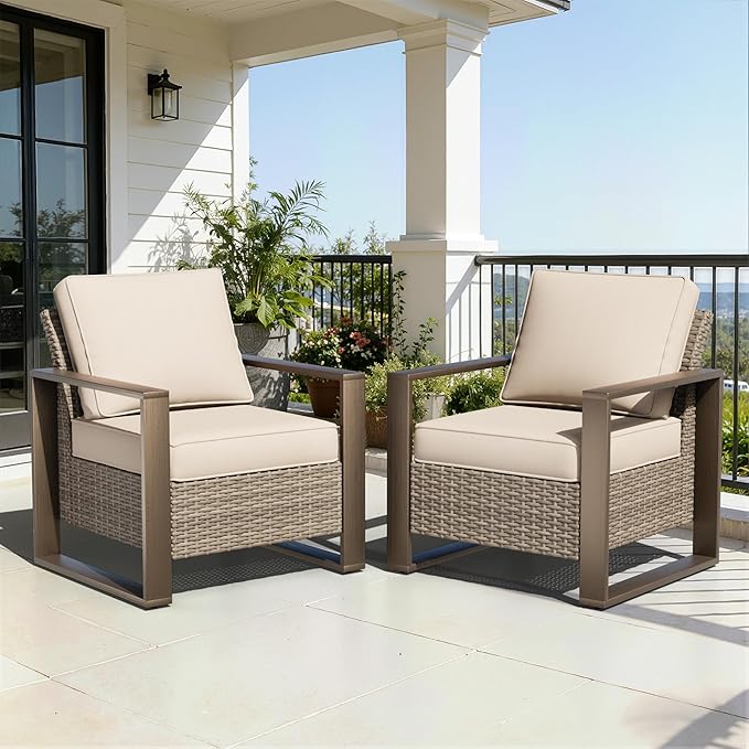 Patio Metal Wicker Chairs Set of 2, All Weather Outdoor Rattan Dining Chairs with Rectangular Framed Wood-Looking Metal Armrest & Fade-Resistant Cushions for Deck Balcony Backyard, Beige