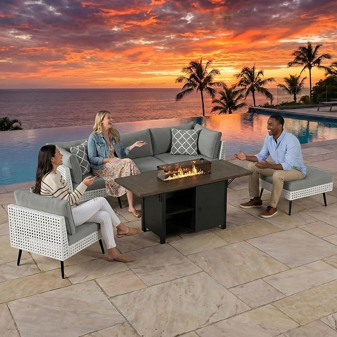 5 Piece Patio Furniture Set with Fire Pit Table (55" 50000BTU Propane), Patio Sectional with Upgraded Cationic Fabric Cushions & Outdoor Open Weave Wicker for Garden, Poolside, Backyard