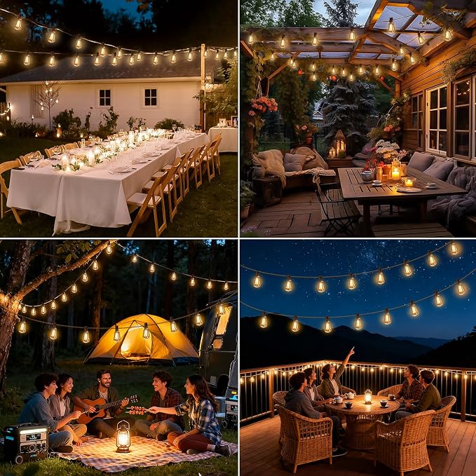 Solar String Lights Outdoor Waterproof with Remote & Timer, LED Shatterproof ST38 Bulbs, USB & Solar Powered Patio Lights for Backyard, Porch, Garden, Wedding, Christmas Decor (66FT)