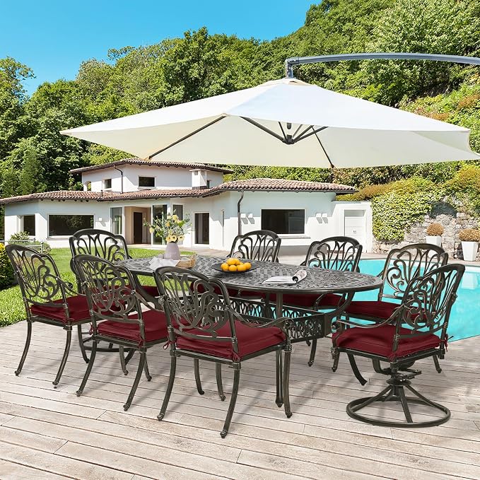 9-Piece Patio Dining Set, Outdoor Patio Table and Chair Set of 84” Oval Cast Aluminum Dining Table with Umbrella Hole, 6 Stationary, 2 Swivel Rocker Chairs, Patio Funiture Set, Red