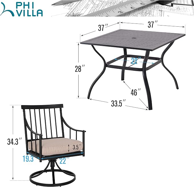 PHI VILLA Patio Dining Set, Swivel Chairs, Square Metal Table | Metal chairs, Umbrella Hole, Cushions, E-coated, powder-coated, for Patio, Deck, Yard, Porch