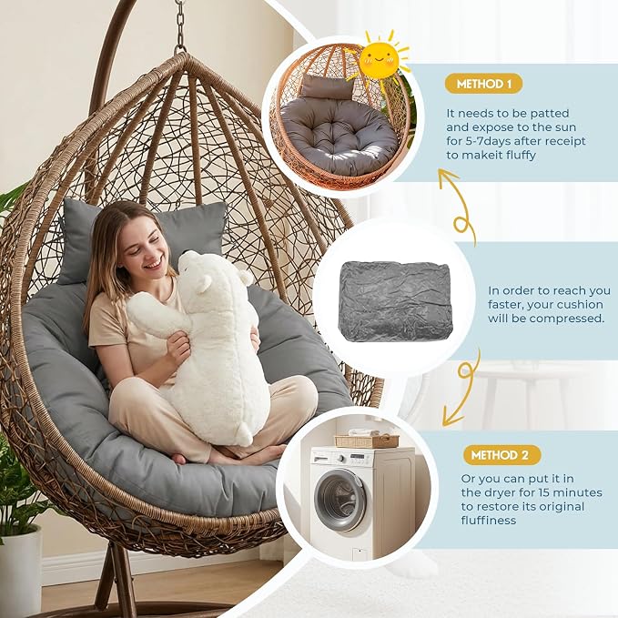 Outdoor 45" Round Egg Chair Cushion Replacement Waterproof Grey | Thicken Pad with Headrest Pillow, Hanging Swing Wicker Egg Chair Cushions, Suitable for Garden Office