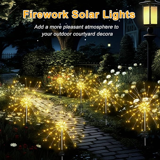 Solar Garden Firework Lights Outdoor Waterproof, 8 Pack Solar Lighting with 8 Lighting Modes, 120 LED Sparklers String Lights for Outside Decor Yard Pathway Decorations(Warm)