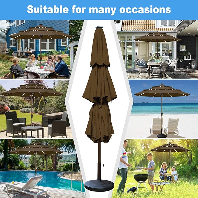 Eurmax USA 10-Year-Non-Fading 10FT 3-Tier Outdoor Patio Market Umbrella with LED Lights,UPF50+ UV Resistant,Commercial Grade,Crank Lift Design,Windproof Vented Top for Garden,Pool,Deck,Chestnut