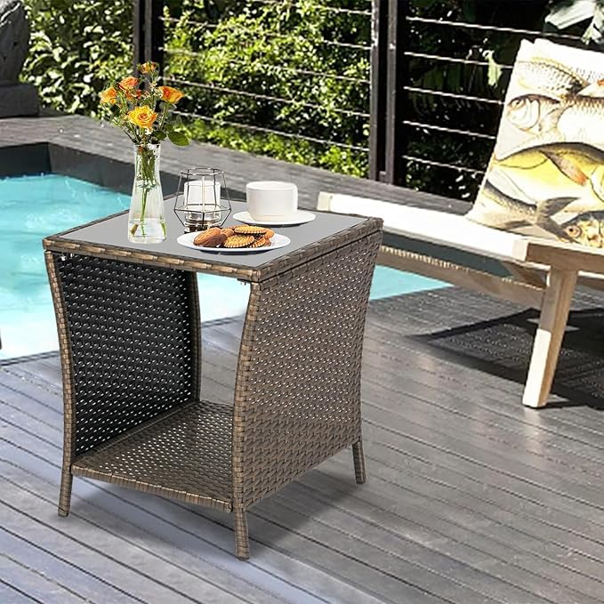 Kinsuite PE Rattan Patio Side Table - Outdoor Wicker End Table with Glass Top, Rattan Coffe Table in Iron Frame for Backyard Balcony Poolside, Dark Blonde