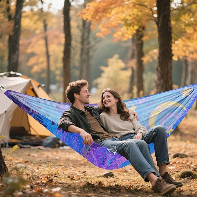 Blue-Purple Starry Sky Outdoor Hammocks with Tree Straps Swing Hammock for Outside Patio Backyard Poolside