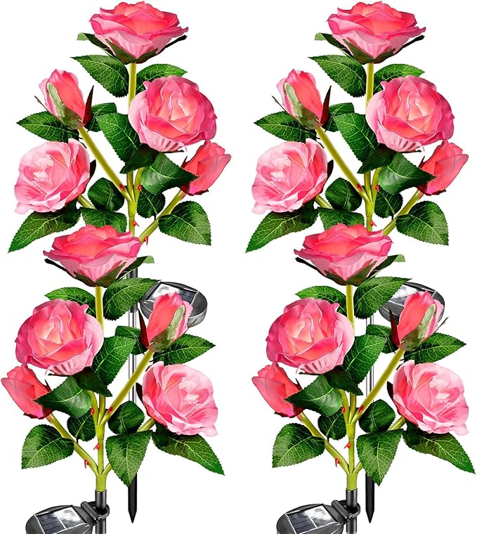 Anordsem Solar Garden Lights Outdoor: 20 Waterproof Fabric Roses 4 Pack - Pink LED Flower Decorations for Yard Patio Path Cemetery Grave - Birthday Gifts for Women Mom Wife