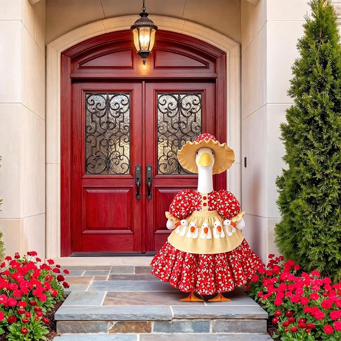 Porch Goose Outfit Set for 23 Inch Goose Statue, Spring Flower Lolita Dress with Hat and 3D Baby Apron, Rustic Farmhouse Easter Summer Patio Yard Lawn Decor