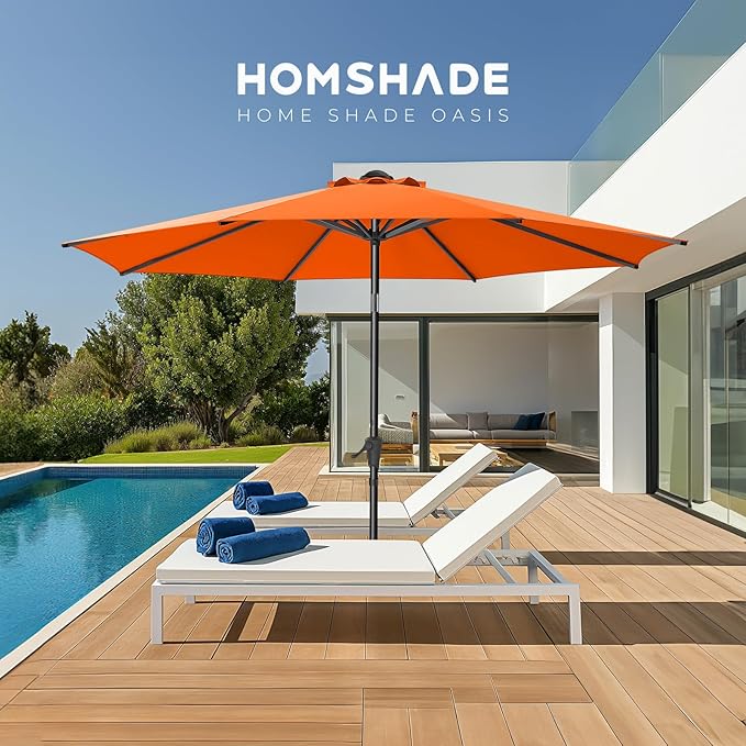 HOMSHADE 9ft Outdoor Patio Umbrella - Market Table Pool Deck Umbrella UPF50+ UV Protection with Push Button Tilt, Crank and 8 Sturdy Ribs (Neon Orange, No base)
