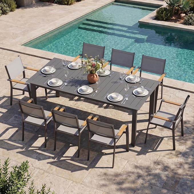Wisteria Lane Aluminum Outdoor Patio Table and Chairs Set with 121" L-81 L Expandable Dining Table, 9-Pieces Outdoor Dining Set for 8, Patio Furniture Set with Stackable Quick Drying Chairs, Grey