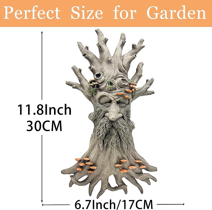12" Real Tree Face Hugger Statue, Garden Trees Tree Huggers Decor with Mushroom Foliage Features, Outdoor Fairy Elve Accent Yard Art, Halloween Trees Decorations Outdoor Wall Mounted Statue