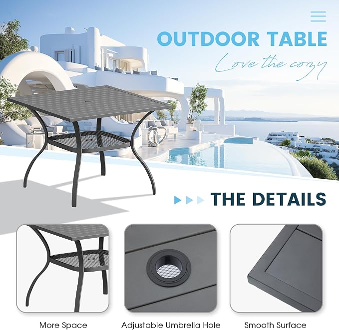 5 Pieces Outdoor Patio Dining Set, 37.8" All Weather Square Metal Table with Umbrella Hole and Storage Shelf, 4 High Back Textilene Swivel Chairs for Garden, Lawn, Grey