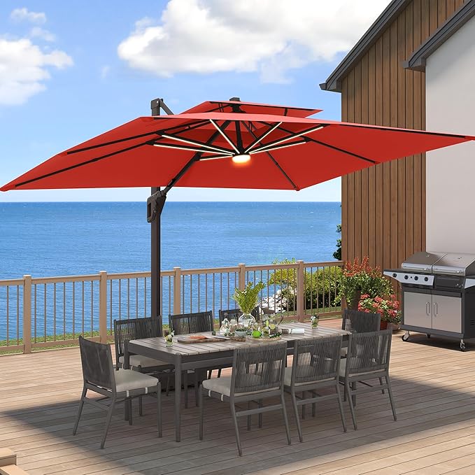 9 X 12 FT Cantilever Patio Umbrella with Led Lights and Base Included Heavy Duty Outdoor Double Top Large Rectangle Offset Umbrellas with 360-degree Rotation for Garden Pool Deck Backyard, Red