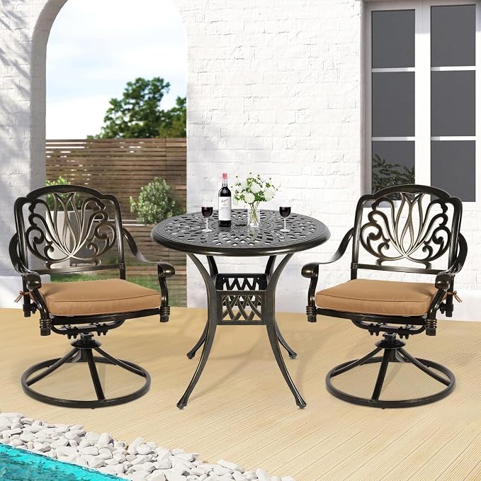 3-Piece Outdoor Patio Dining Set, All-Weather Cast Aluminum Patio Furniture Set for Backyard Garden Deck with 2 Swivel Cushioned Chairs and 31” Round Table, 2" Umbrella Hole, Khaki