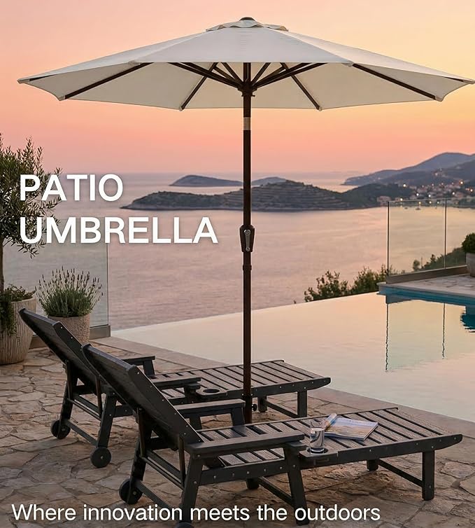 PatioKingdom 9FT Patio Outdoor Umbrella-UPF 50+ Sun Shade with Wind Vent, Push-Button Tilt & Smooth Crank Lift, Rust-Resistant Fiberglass Frame for Garden, Backyard,Yard (Creamy-white)
