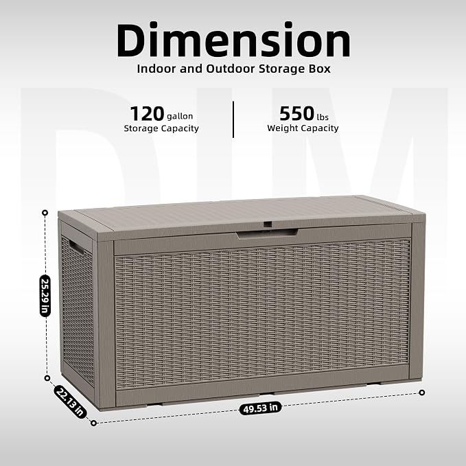 120 Gallon Outdoor Deck Box, Resin Waterproof Storage Box With Lockable Lid, UV-Resistant Multi-Purpose Outdoor Storage Bench for Patio Cushions, Garden Tools, Pool Accessories (120 Gallon, Grey)