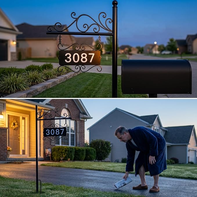 Metal Address Sign, Home Numbers Plaque, Address Post Sign Double-Sided | Suitable as a housewarming gift or decorative item, Street House Numbers for Home Street Mailbox Garden Yard (44" Pole)