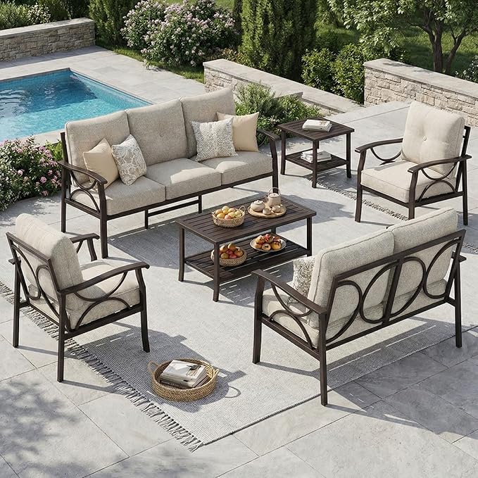 RoyalCraft 6-Pieces Outdoor Patio Furniture Set, Outdoor Metal Sectional Furniture with Cushions, Outdoor Conversation Seating Set with Coffee Table for Balcony, Backyard, Garden, Deck, Beige