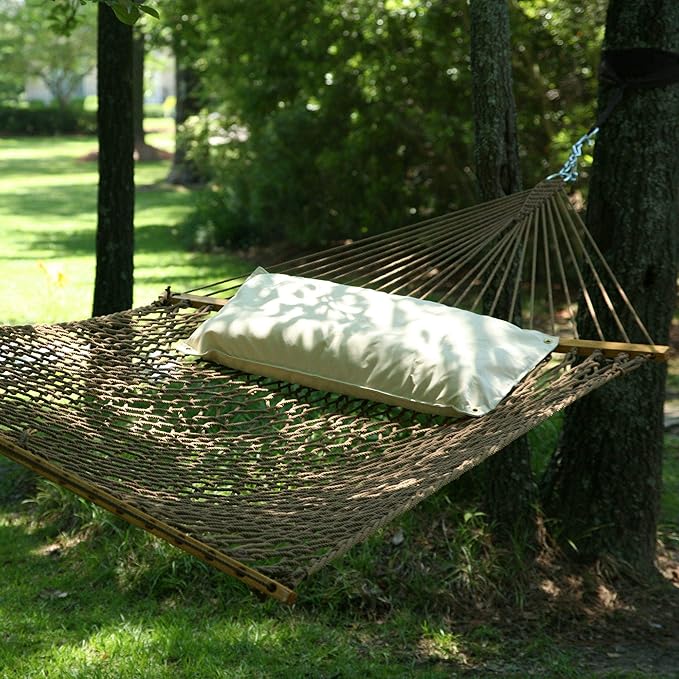 Hatteras Hammocks Large Antique Brown DuraCord Rope Hammock – 13 ft. x 55 in., 2-Person, 450 lb Capacity, Cumaru Spreader Bar, Zinc-Plated Hardware – Handcrafted in The USA