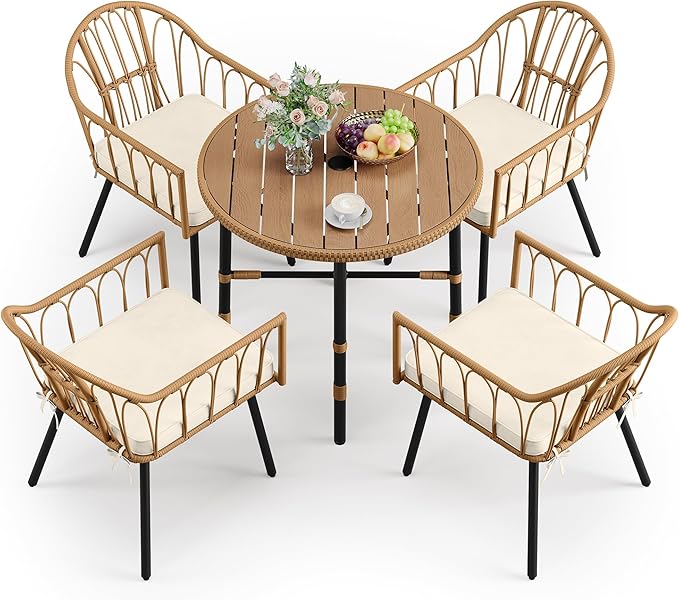 YITAHOME 5 Pieces Patio Dining Table Chair Set, Outdoor Table and Chairs with Umbrella Hole, Patio Furniture Set Outdoor Rattan Dining Table Set for Patio, Backyard, Balcony, Garden