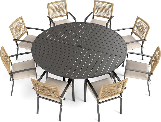 PHI VILLA Outdoor Dining Set for 4, 67" Round Table, Wicker Chairs | Outdoor Dining Set for 8, Round Patio Dining Table Set with Patio Wicker Chairs for Garden, Porch, Backyard, Deck