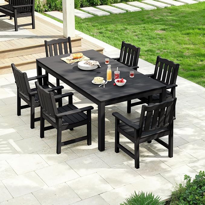 Stoog 7 Pieces Patio Dining Sets, All-Weather HIPS & Aluminum Outdoor Dining Table with Umbrella Hole, Patio Furniture Set Include 1 Table and 6 Chairs, for Backyard, Garden and Deck, Black