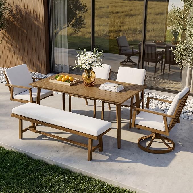 6-Piece Outdoor Table Set with Chairs & Bench, 6-Person Outdoor Rectangular Dining Table with Umbrella Hole, Faux Wood Grain Patio Table Set with Swivel Chair for Garden Backyard Proch, Teak