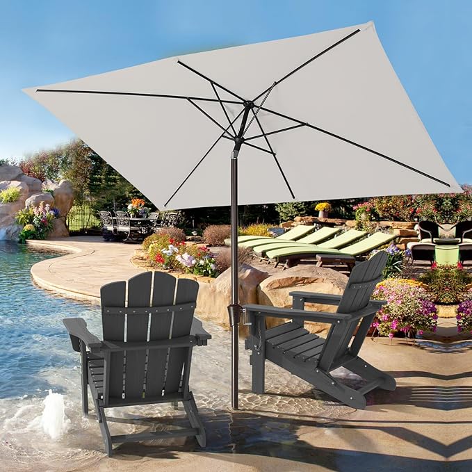 JEAREY 6.5x10ft Olefin Rectangular Patio Umbrella, Rectangle Outdoor Umbrellas with Auto Tilt Crank System, Market Table Umbrella UV Protection Fade-Resistant for Pool Deck Garden Yard, Foggy Gray