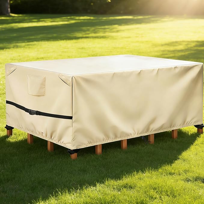 POMER Rectangular Patio Furniture Covers-Outdoor Furniture Covers Waterproof,600D Table and Chairs Cover for All-Weather Protection 76L X 48W X 32H Inch Beige