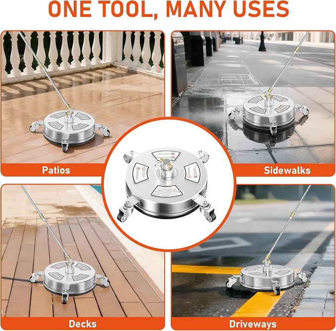 14" Pressure Washer Surface Cleaner with 4 Wheels, 4000 PSI Max Stainless Steel Surface Cleaner for Pressure Washer, 2 Extension Wands, 1/4" Quick Plug, for Concrete, Patio, Sidewalk, Deck