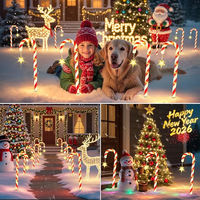 Solar Christmas Lights Outdoor Decorations: 24-Pack Candy Cane Pathway Lights with 10 Modes - Unique Xmas Gifts for Mom Women - Waterproof Decorative Christmas Yard Stakes for Holiday Garden Decor