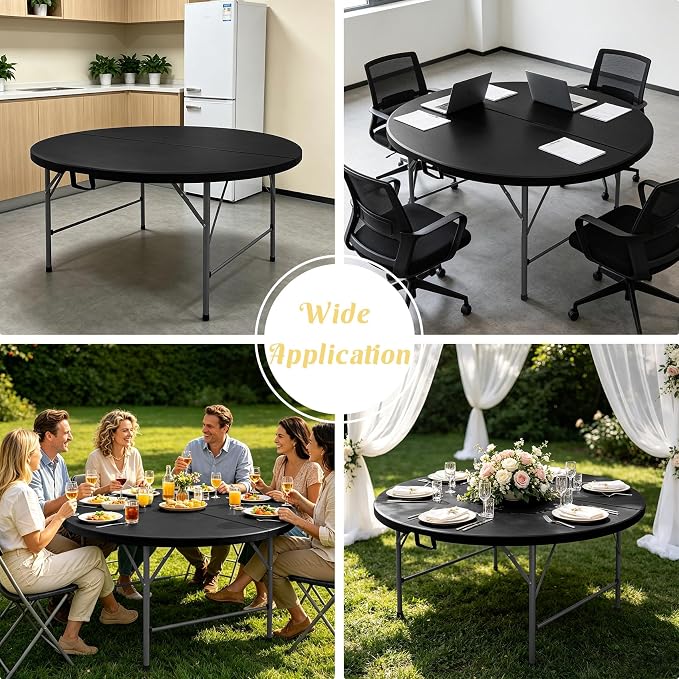 5 FT Round Folding Tables with Carrying Handle 60 inch Heavy Duty Portable Plastic Commercial Table Steel Legs for Party, Dining, Wedding, Events, Picnic Indoor, Outdoor (Black,1 Pack)