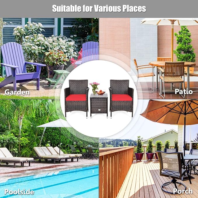 DORTALA 3 Piece PE Rattan Patio Furniture Set, Outdoor Chairs & Table Set with Tempered Glass Top & Cushions, Wicker Conversation Set for Garden Backyard, Red