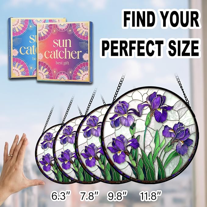 Birthday Gifts for Women - Purple Iris Faux Stained Glass Window Hanging Sun Catcher for Door Garden Acrylic Flower Decor Mother's Day Christmas for Mom Nana Friend Grandma Wife 9.8"