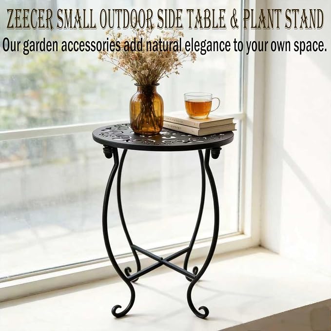 Outdoor Side Tables, 10" Round 15" Tall Patio Side Table, Set of 1 Metal Small Round Side Table for Patio Yard Porch Balcony Garden Bedside, Plant Stand for Indoor Outdoor
