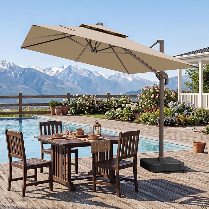 VEGOND 10x13 FT Patio Cantilever Umbrella with Base, Rectangular Heavy Duty Offset Umbrella for 8-10 People, 360°Rotation & Mult Tilt, Double Top Design, for Pool Garden Deck (Tan)