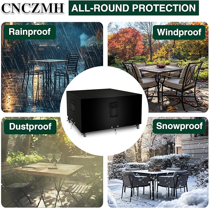 Square Heavy Duty Patio Table Covers Waterproof, 600D Outdoor Dining Table and Chair Set Covers, Outdoor Furniture Cover Waterproof for Sectional Sofa Couch 106''L x 106''W x 32''H, Black