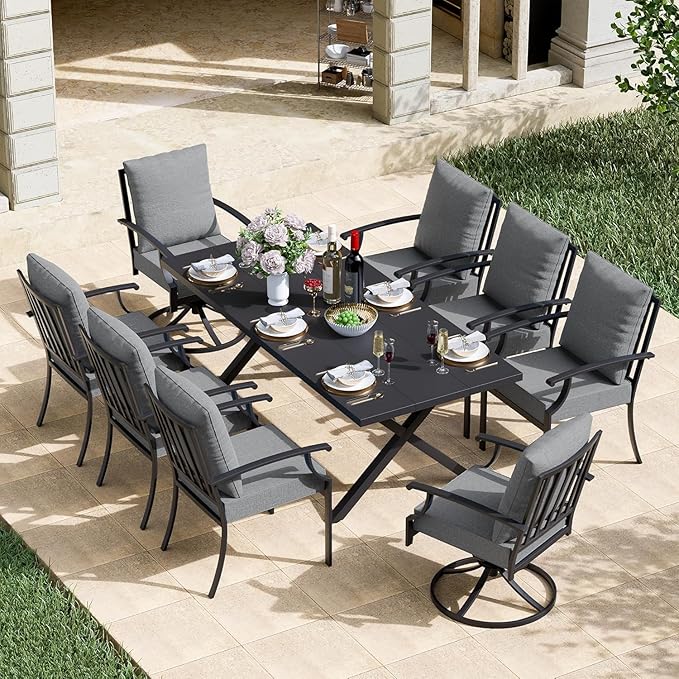 Kullavik 9 Pieces Outdoor Dining Set,Patio Dining Table and Chairs Set for 8,Fence Pattern Back Chairs with Thickened Cushions & Rectangular Metal Dining Table with Umbrella Hole for Patio,Grey