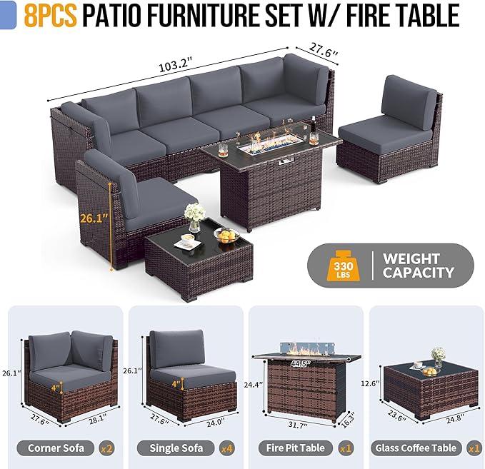 Outdoor Patio Furniture Set with 44" Fire Pit Table 8 Pieces Rattan Patio Sectional Sofa Conversation Set w/55000 BTU Propane Gas Fire Pit, Coffee Table, 2 Waterproof Covers, Grey