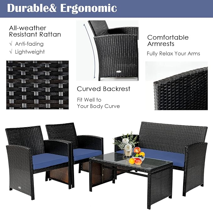 COSTWAY 4 Piece Patio Furniture Set, Outdoor PE Rattan Wicker Sectional Sofa with Cushion and Coffee Table, Patio Conversation Sets for Balcony Lawn Porch Patio Backyard Garden Poolside, Navy