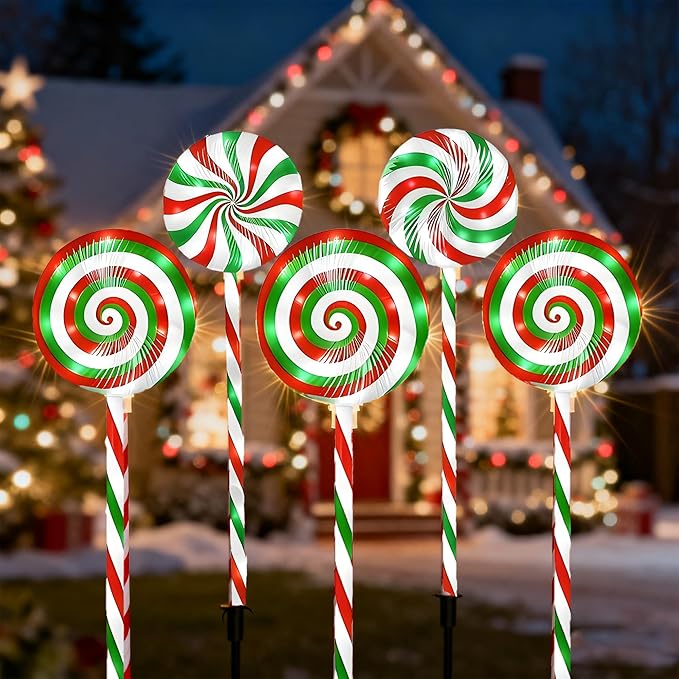 Christmas Lollipop Pathway Lights-5 Pack Solar Powered Outdoor Garden Path Lights Xmas Candy Cane Landscape Lighting Solar Waterproof Decorative Lights Decorations Outside Yard