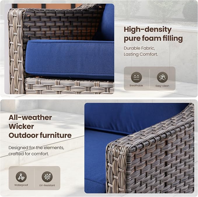 5 PCS Patio Conversation Set, All-Weather Rattan Wicker Outdoor Patio Furniture Sets with High Back Swivel Rocker Chair, Solar Light Coffee Table for Porch,Backyard,Balcony,Navy Blue