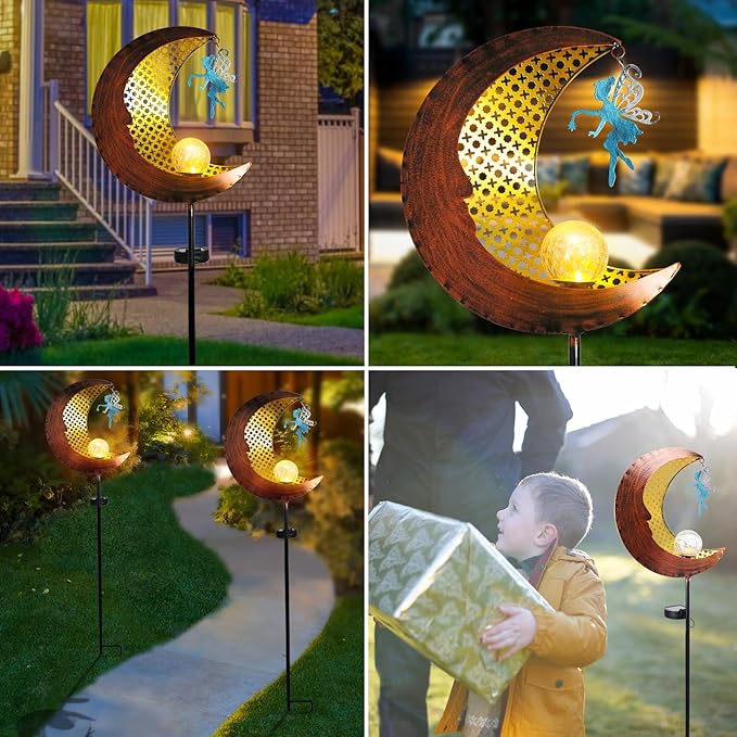 Bshine Moon Solar Light Outdoor Garden Decor, Moon Fairy Garden Statue Decor,Metal Waterproof Light Stake for Patio, Path, Yard and Lawn Ornament, Housewarming Gift for Mom,Bronze