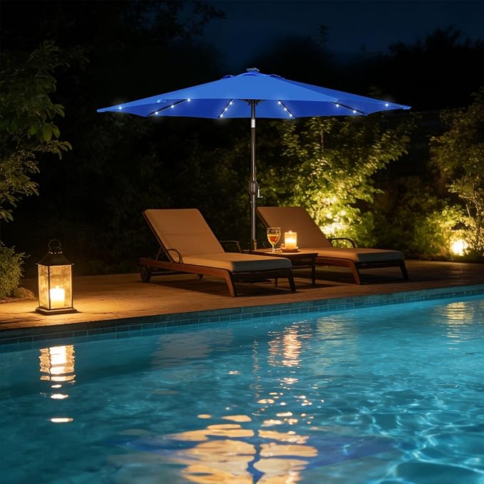 Blissun 9 ft Solar Umbrella, Patio Umbrella with 32 LED Lights, Table Market Umbrella, Outdoor Umbrella for Garden, Deck, Backyard, Royal Blue