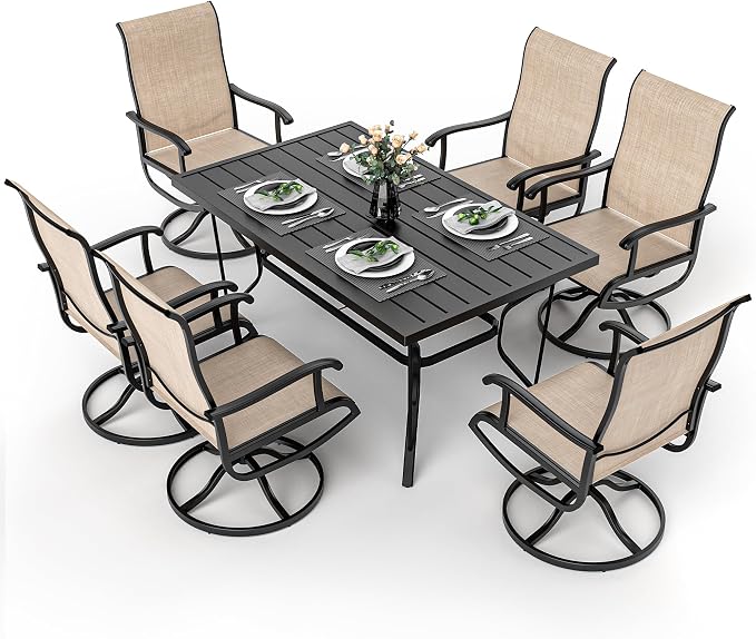 7-Piece Outdoor Dining Set, Patio Furniture Set with Textilene Swivel Chairs, Outdoor Table & 6 Chairs for Garden, Backyard, Poolside, Deck, Beige