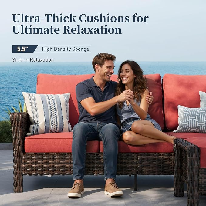 Patio Furniture Set with Swivel Chairs, High Back Wicker Rattan Furniture with 5.5" Thick Cushions & Fire Pit Table, All Weather Outdoor Conversation Set for Backyard Deck, 4 Seats, Red