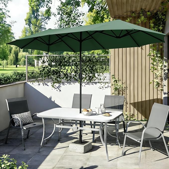 13 ft Patio Umbrella, Large Rectangle Outdoor Umbrella with Strap, Crank, Green