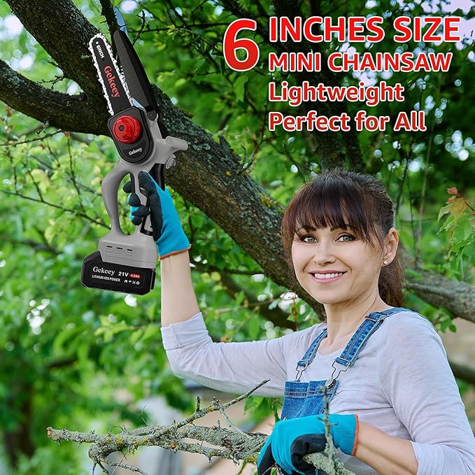 Electric Mini Chainsaw Cordless, 6 Inch Battery Chain Saw Handheld with Rechargeable Battery for Tree Trimming Wood Cutting, Gardening Tool Gifts for Men Dad Husband