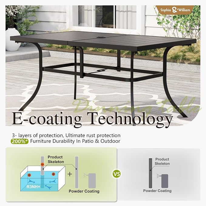 Sophia & William Patio Dining Set Metal Outdoor Table and Chairs Furniture Set 7 Piece, Large 59" Dining Table with Umbrella Hole and 6 Backyard Garden Chairs Support 300LBS for Deck, Lawn, Garden