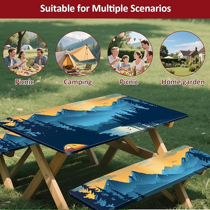 KENOBEE Picnic Table Cover with Bench Covers 6FT 3PCS, Camping Essentials Waterproof Windproof Tablecloth with Drawstring Bag, Fitted Rectangle Tables and Seats, 72", Lakeside Ember